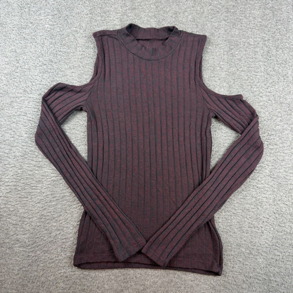 American Eagle Cold Shoulder Top Women's Small Burgundy Ribbed Mock Neck Sleeve